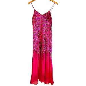 Vintage Sho Max Pink Silk Sequined Beaded Drop Waist 20’s Gatsby Flapper Dress 8